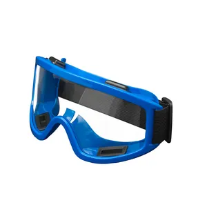 Blue protective safety goggles with transparent lenses and adjustable black elastic headband