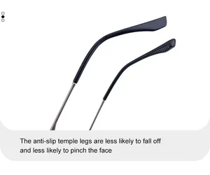 Detail of silver metal temples with black anti-slip tips for a secure and comfortable fit