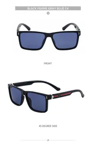 Detalle de las gafas de sol cuadradas negras con lentes gris azulado y raya lateral