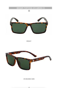Vistas frontal y lateral de gafas de sol cuadradas de carey con lentes verdes G15