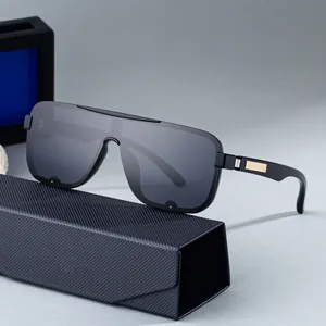 Men's square polarised shield sunglasses with gold temple accents and textured case