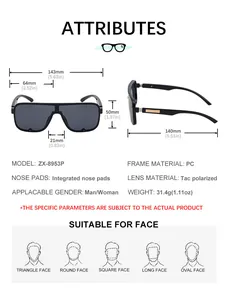 Detailed sizing guide and specifications for square polarized PC frame sunglasses