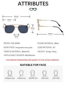 Detailed size specifications for square frame sunglasses with double bridge metal temples