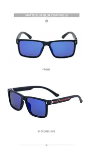 Vista frontal y lateral a 45 grados de gafas de sol cuadradas azul mate con lentes azules