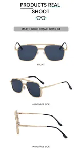 Detailed views of matte gold square frame sunglasses with dark gray lenses and double bridge