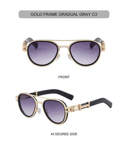 Detail of gold metal pilot sunglasses with gray gradient lenses and hollow temple design