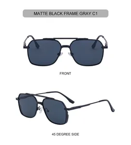 Front and 45-degree side view of matte black square aviator sunglasses with gray lenses