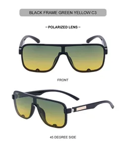 Detail of square polarized sunglasses C3 with black frame and green-yellow gradient lenses