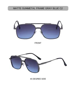 Front and 45-degree side views of matte gunmetal square sunglasses with double bridge