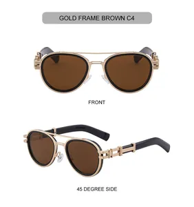 Front and 45-degree side view of oval gold metal aviator sunglasses with brown lenses