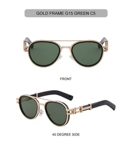 Front and 45 degree side views of gold metal sunglasses with G15 green lenses and double bridge