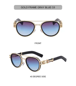 Detailed view of oval metal sunglasses with gold frame and blue gradient lenses