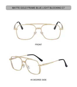 Detailed front and 45-degree side view of matte gold square frame blue light glasses