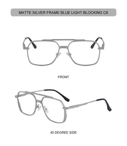 Detail view of matte silver double bridge glasses with blue light blocking lenses