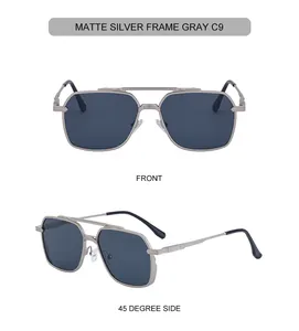 Front and side macro views of matte silver double bridge square sunglasses with gray lenses