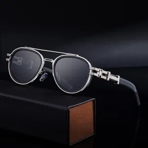 Retro double-bridge metal oval sunglasses with silver frames and black case