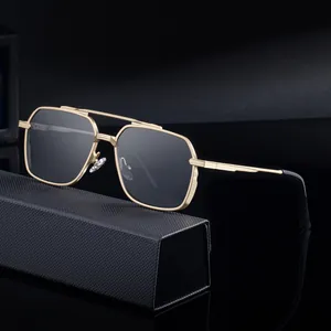 Mens square metal sunglasses with double bridge and dark lenses on a premium textured case