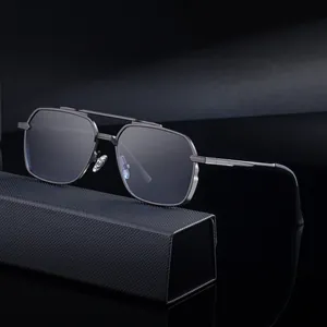 Men's square double bridge sunglasses in dark gray metal frame with black case