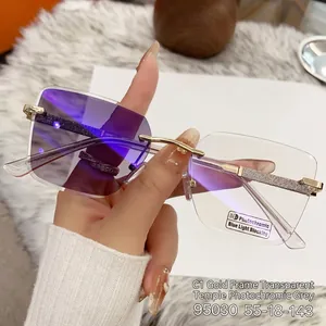 Detail of square rimless photochromic sunglasses with gold frames and glitter temples