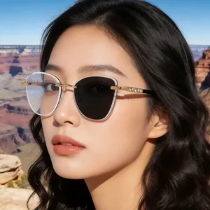 Detail showing photochromic cat eye lenses with gold metal frames and crystal temple accents
