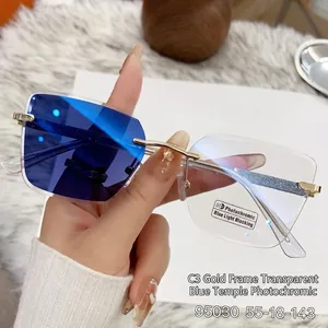 Detail view of square rimless photochromic sunglasses with sparkling gold metal temples