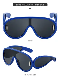 Detail van de voor- en zijkant van een oversized blauwe sportzonnebril met groot frame