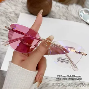 Macro detail of photochromic pink cat eye rimless lenses with blue light blocking feature