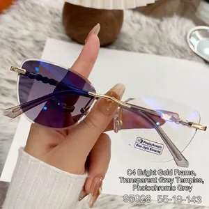 Fashion cat-eye rimless photochromic sunglasses with wavy gold metal temples for women