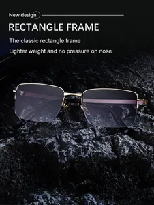 Macro detail of golden metal frame glasses with model numbers on dark stone