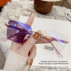 Close-up of rose gold rimless photochromic sunglasses with blue light blocking lenses