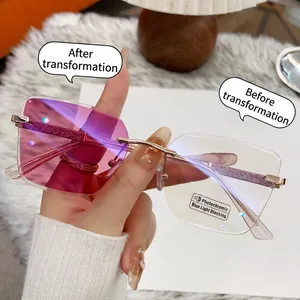 Detail showing transition of photochromic rimless sunglasses from clear to purple tint