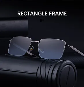 Detail of the durable screw hinge and sleek gunmetal rectangular frame of the glasses