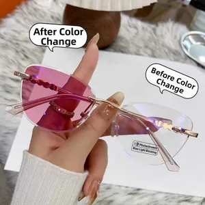 Detail of photochromic rimless sunglasses showing lens tint change from clear to pink