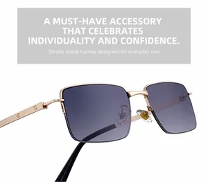 Detail of square gold metal sunglasses with purple gradient lenses and screw hinge design