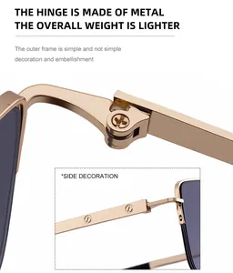 Detail of gold metal sunglasses showing high-quality hinges and side screw decorations