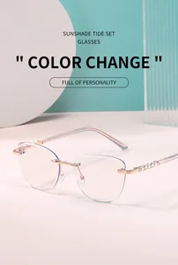 Detail of rimless cat eye sunglasses featuring photochromic lenses and metal temples