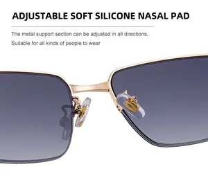 Detailed close-up of adjustable soft silicone nose pads on trendy square metal sunglasses