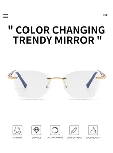Detail view of gold metal engraved temples and blue tips on cat eye rimless sunglasses
