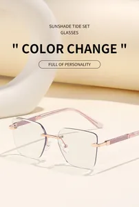 Detail of rimless square sunglasses with pink glitter temples and color-changing lenses