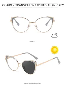 Detailansicht der C2-Grey Cat-Eye Sonnenbrille mit photochromen Gläsern bei Verfärbung
