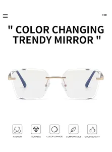 Detail view of square rimless photochromic sunglasses with glitter gold metal hinges
