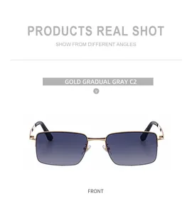 Front view of square metal frame sunglasses with gold finish and grey gradient lenses