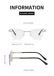 Detailed size specifications and gold metal temple design for rimless cat-eye sunglasses