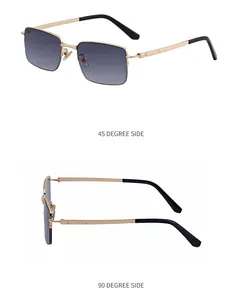 Detail view of gold rectangle sunglasses with grey gradient lenses and screw motifs