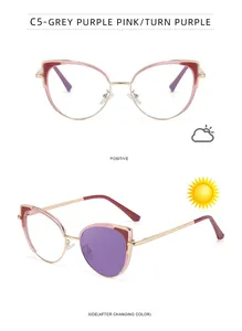 Cat-Eye-Sonnenbrille Detail zeigt Glas-Farbwechsel von Grau zu Lila unter Sonnenlicht