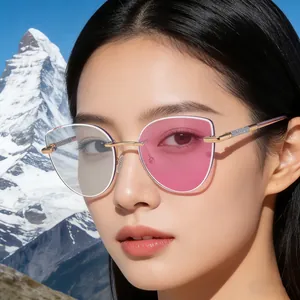Women's Fashion Cat Eye Photochromic Sunglasses Rimless Metal Frame UV400 Color Changing Trendy Outdoor Street Sun Glasses