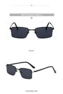 Detail of matte black metal square sunglasses with gray polarized lenses and fine temple craft