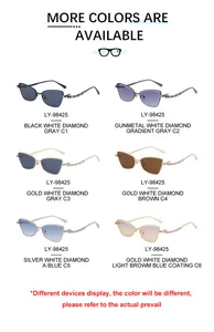Detail view of cat eye sunglasses LY-98425 featuring diamond-encrusted temples in 6 colors