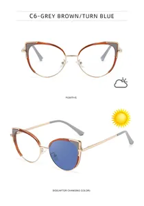 Cat-Eye-Sonnenbrille mit photochromen Gläsern, Farbwechsel von klar zu blau im Detail