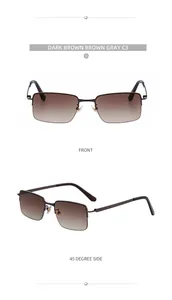 Front and side view of square metal sunglasses with dark brown gradient lenses